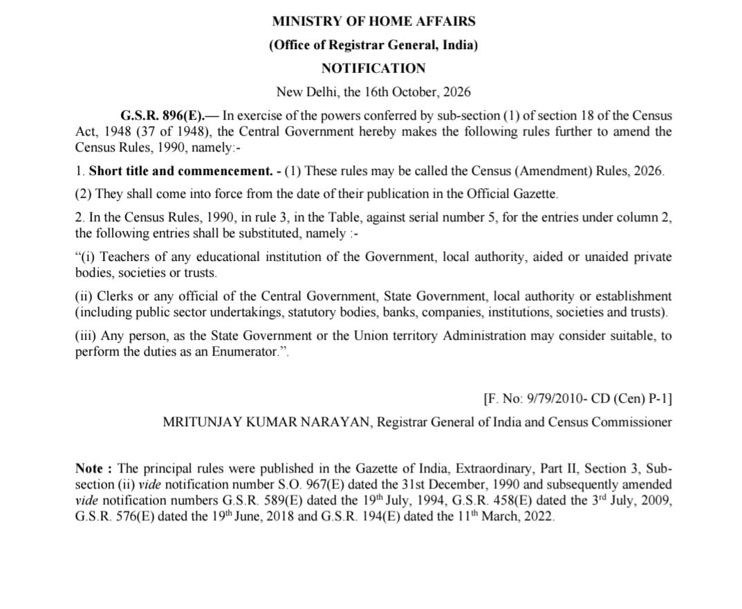 'Centre Notifies Census (Amendment) Rules, 2026, Expands Eligibility for Enumerators'