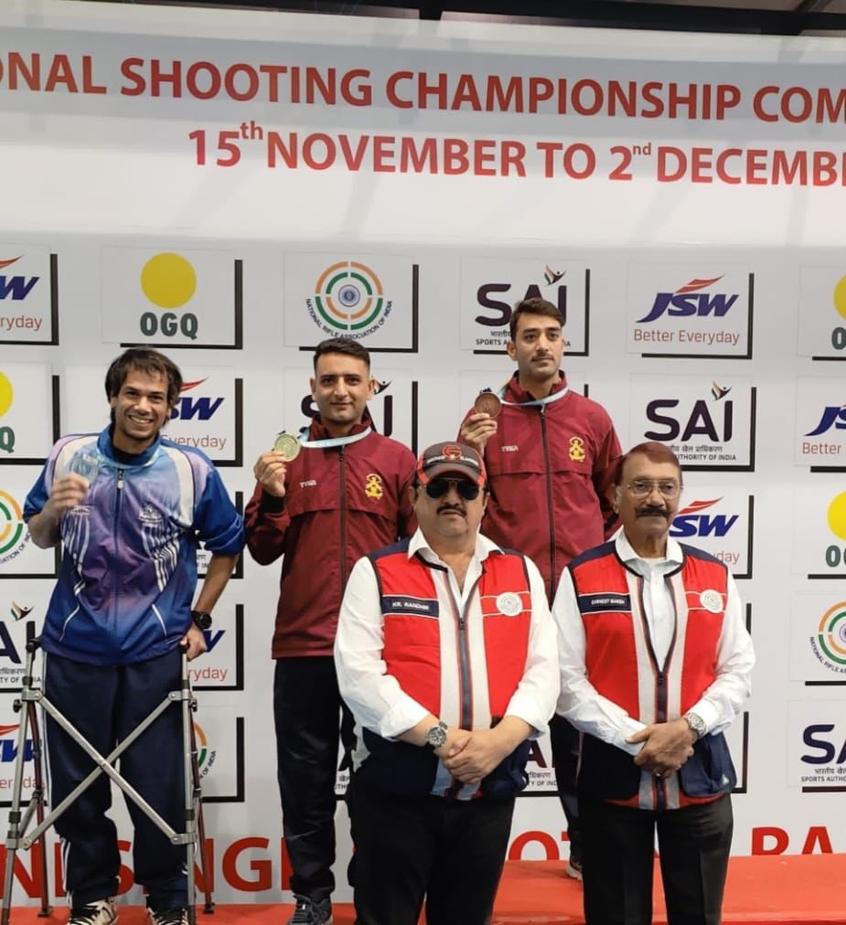 'Congratulations to Ace J&K shooter chain singh who wins 3 gold medals at 66th national shooting Championship new delhi with a new national record in 50m rifle prone event  Other 2 golds are in 5m rifle prone team event and 50m rifle 3 position team event.'