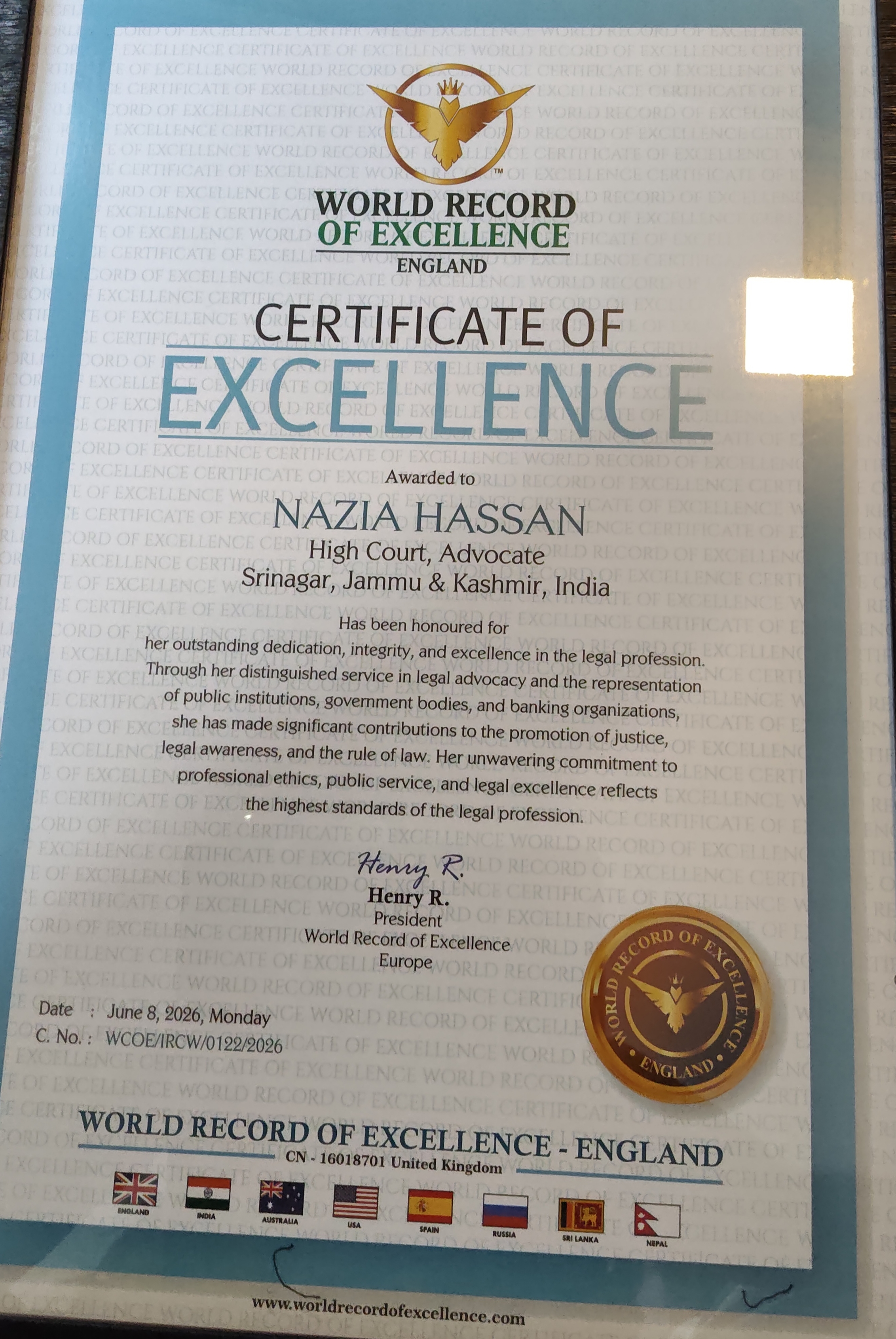 'Kashmir's Advocate Nazia Hassan Receives International Certificate of Excellence for Outstanding Legal Contribution , England-Based World Record of Excellence Honours High Court Advocate for Professional Integrity and Service to Justice'