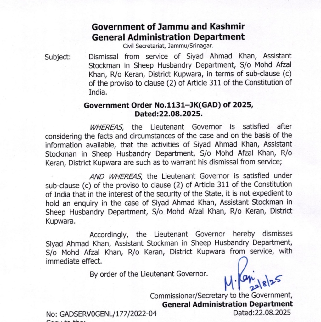 ' J&K Govt Employees Sacked for Terror Links'